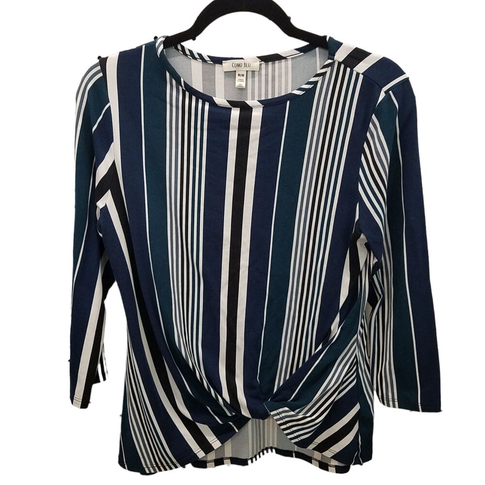 Como Blu Womens Sz M Blue White Striped Short Sleeve Blouse
